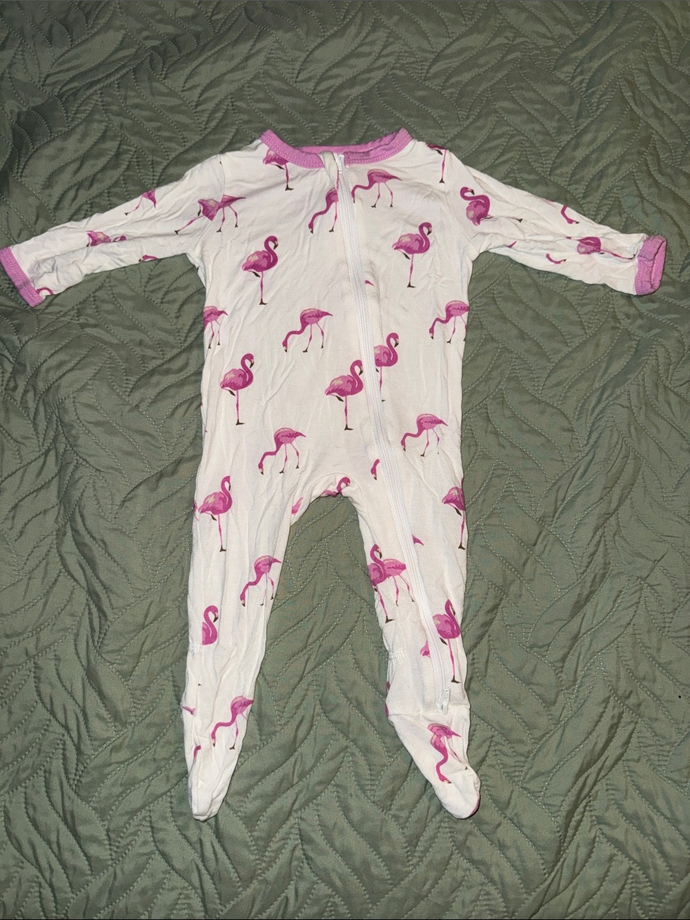 Kyte BABY White Footed One-Piece with Pink Flamingo Print